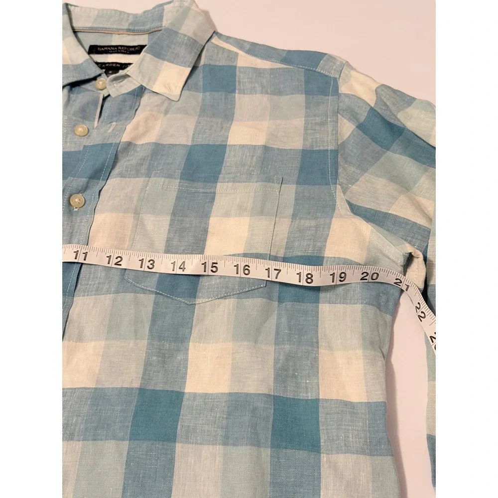 Banana Republic Camden Fit Linen Shirt Mens Small Blue White Buffalo Check Plaid